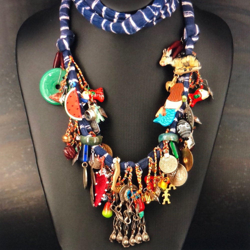 Handmade Compilation Charm & Coin Necklace Including Peruvian, Turkish & Indian